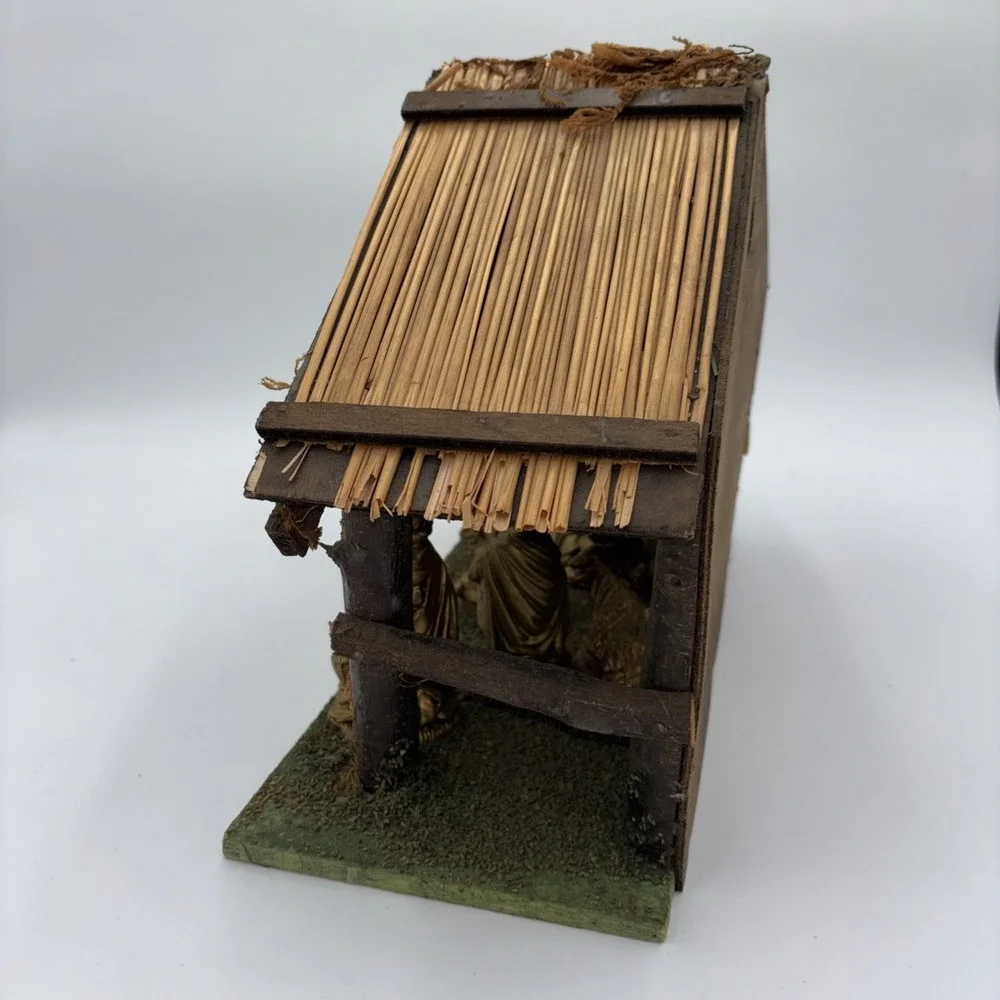 VTG Nativity Scene Crèche Set Rustic Stable Antique Gold Look Fixed Figurines